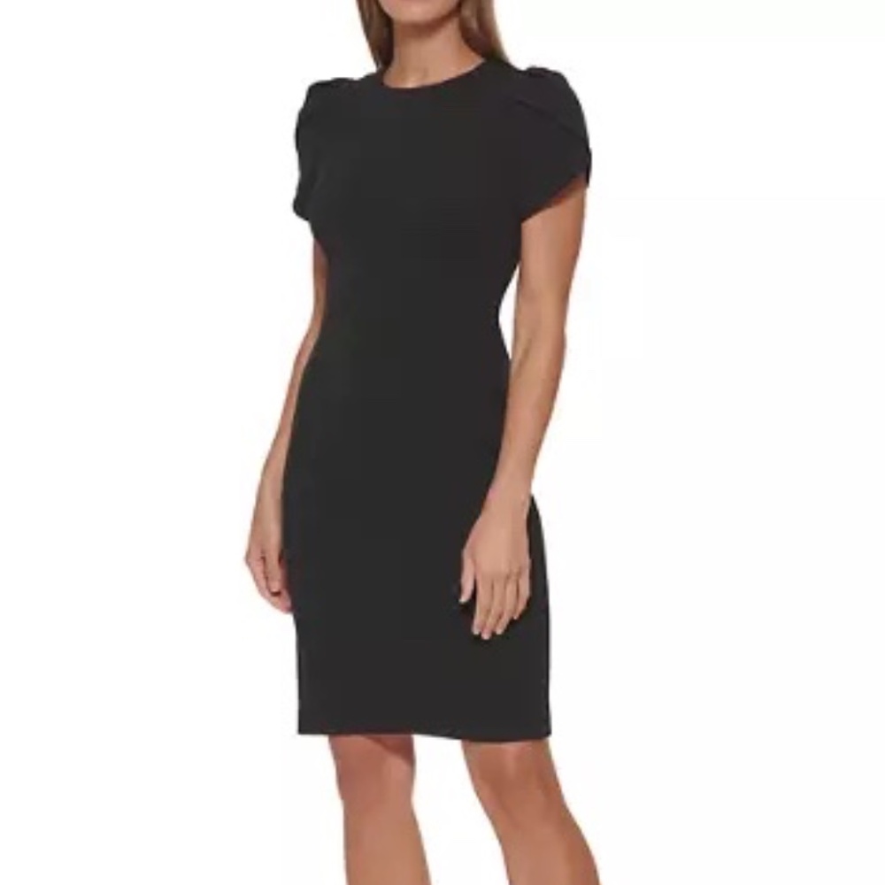 Calvin Klein Career Dress Sz 10 Black Puff Sleeve Scuba Knit Shift Gold Zipper
